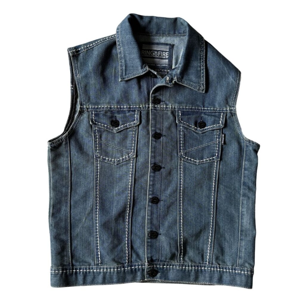Ring Of Fire DownTown Las Angeles Mens Denim Vest Button Front L Blue See Pics